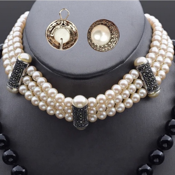 Judith Jack Sterling with Marcasite and Faux Pearl Set (choker & earrings) - Picture 4 of 8
